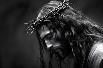 Close-up profile of jesus christ, with long, tousled hair wearing a crown of thorns, head bowed.