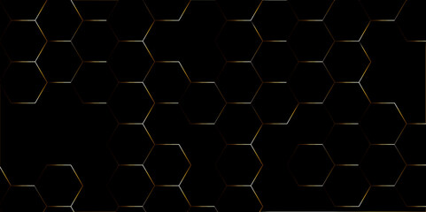 Abstract hexagon black background with golden shadow black background Futuristic golden neon honeycombs. Modern technology design. Vector .