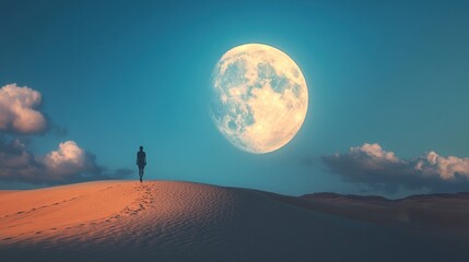 Solitary figure walking on sand dune under a large full moon at night.