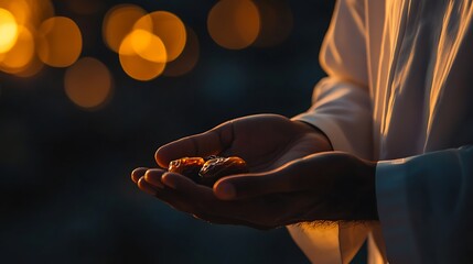 Close-up of hands holding dates at sunset.