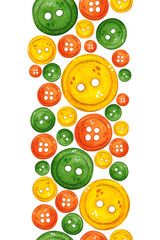 Fototapeta premium Vertical border of colored buttons on a white background. Watercolor illustration hand drawn in cartoon style. Drawing for textiles, paper, cards. buttons, tailor, seamstress, clothes, sewing, hobby, 