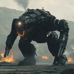 A futuristic, armored mech with glowing eyes stands over a battlefield.