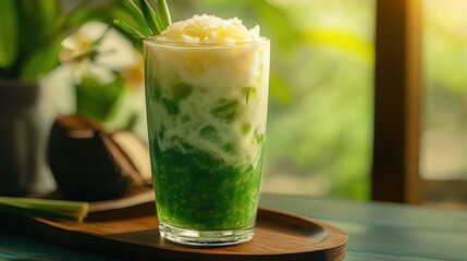 Refreshing green dessert in a glass with coconut milk and ice on wooden tray.
