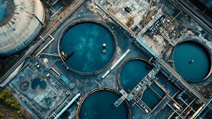 A top-down view of a European Union wastewater treatment plant, focusing on recycling systems for water management, ecology, and environmental sustainability. - Powered by Adobe