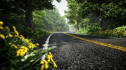 Obraz premium Scenic curved road surrounded by lush green trees and wildflowers nature landscape tranquil environment perspective view