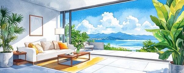 Fototapeta premium Minimalist serenity living room concept, Bright, airy living space with coastal views and lush greenery, ideal for relaxation and inspiration.