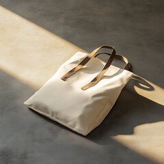 A White Canvas Tote Bag With Brown Leather Handles on a Gray Surface