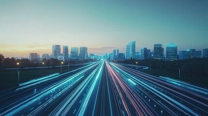 Fototapeta premium Futuristic highway traffic patterns urban cityscape aerial view evening glow high-tech environment for future mobility