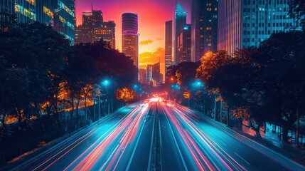 Obraz premium Futuristic dusk drive on neon-lit road urban landscape vibrant city lights aesthetic viewpoint nighttime atmosphere