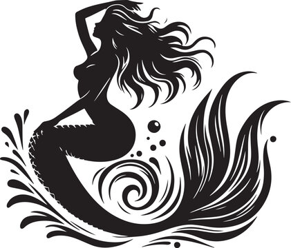 Mermaid Black and white silhouette in a vector farm  
