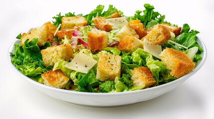 Caesar Salad: Caesar salad with crisp romaine lettuce, croutons, parmesan cheese, and Caesar dressing on a white background.