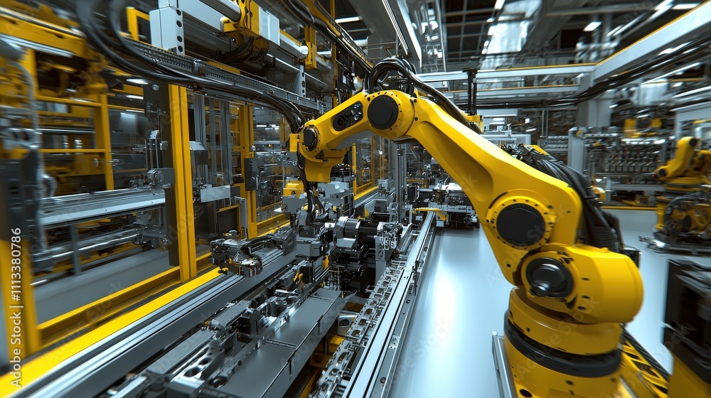 Poster Robotic arm assembling components in high-tech factory industrial automation close-up view precision engineering