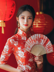 Chinese woman in traditional cheongsam qipao dress holding fan. Chinese lanterns during new year festival. 