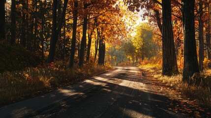 Obraz premium Winding forest road at golden hour autumn landscape nature photography peaceful environment scenic viewpoint serenity concept