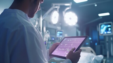Doctor analyzing patient data on digital tablet in hospital room clinical environment close-up view healthcare technology