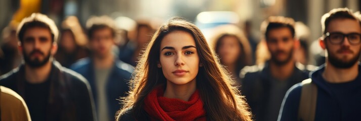 Diverse group of young people walking on a vibrant city street, focusing on a serious young woman in red scarf