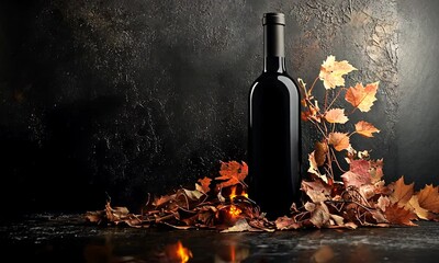 A dark, moody scene featuring a wine bottle surrounded by autumn leaves.