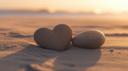 Fototapeta premium A romantic heart traced in sand with a smooth pebble in the center, set against the backdrop of a peaceful beach and soft sunlight.