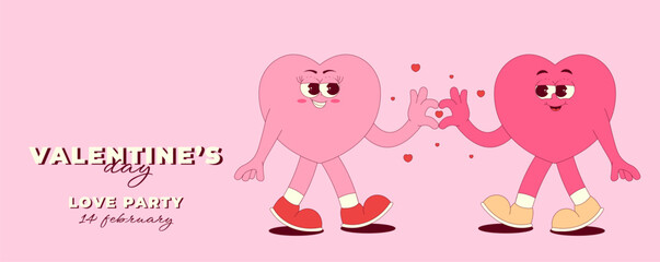 Retro Groovy Valentines Day, Love Party Invitation. Lovely and cute heart characters in retro groovy style. Couple in love. Vector horizontal banner, pink colors