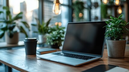 Wooden Desk Setup with Laptop and Cityscape View
