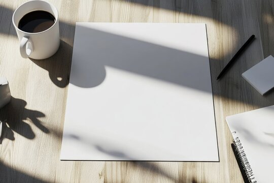 Minimalistic top-down view of wooden table with coffee cup, paper, pen, notebook, and other objects scattered around