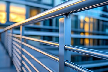 Sleek Stainless Steel Railing in Modern Cityscape with Grid-Like Pattern, Shiny Finish - Low Angle View