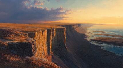 Sunset over dramatic coastal cliffs, ocean view.