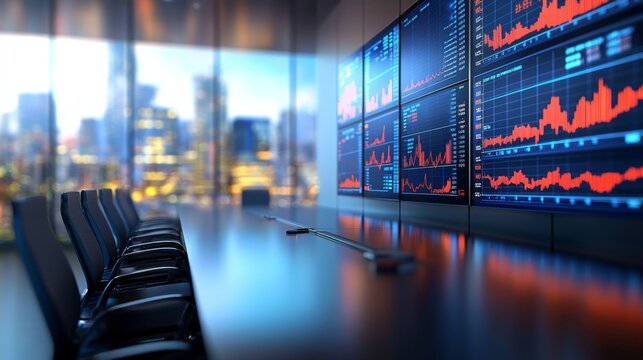 Professional modern conference room with stock market screens, cityscape view, and sleek design elements for business presentations