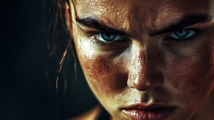 Close-up portrait of a determined, sweaty woman with intense blue eyes, showing focus and strength.