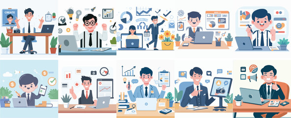 Vector Set of a Marketing Specialist in a Simple Flat Design Style