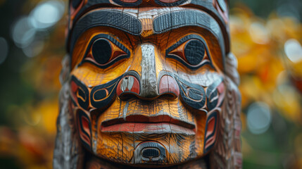 Traditional Totem Pole Close-Up with Intricate Details and Vibrant Colors