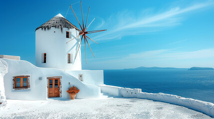 Traditional Santorini Windmill Against Clear Blue Sky and Sea