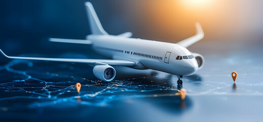 Airplane model on digital network map concept