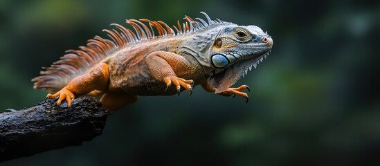 A vibrant orange and blue iguana perches on a branch with a green background.