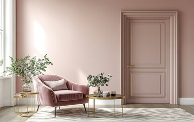 Pink room interior with armchair, side tables, and plants.