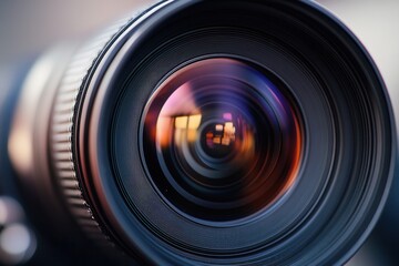Close-up of a camera lens reflecting a blurry cityscape.