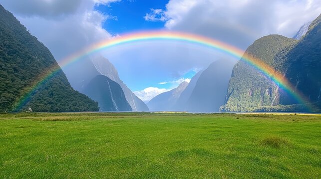 A sky with a bold rainbow arching over a lush green valley in Milford Sound, New Zealand