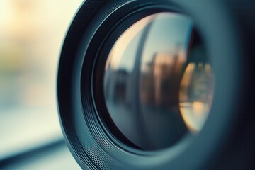Close-up of a camera lens reflecting a city scene.