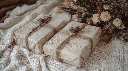 Obraz premium ฺBoho Christmas Minimalist Concept Wrapped gifts with dried flowers on a cozy textured background.