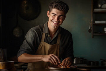 Chef preparing a delicious dish in a cozy kitchen during evening hours. Generative AI