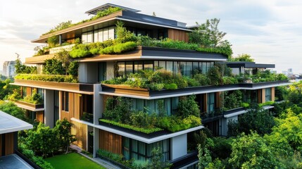 Modern eco-friendly building with lush greenery