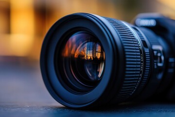 Close-up of a camera lens reflecting a sunset.