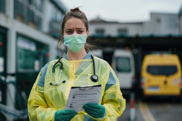 Female EMS doctor at healthcare ICU in PPE during pandemic.
