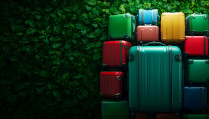 Fototapeta premium Colorful luggage arranged on green background.