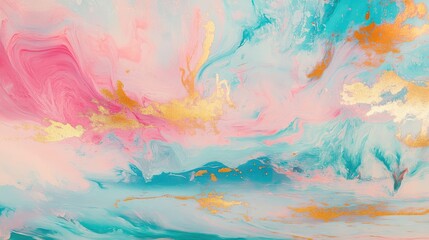 An abstract sky artfully blending pink, turquoise, and gold streaks above a peaceful lake in Finland