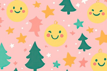 Fototapeta premium Playful Christmas Tree and Smiley Face Pattern on Pink Background