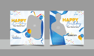 Birthday wishes social media post template, party invitation or greeting card, happy wedding anniversary celebration event square banner poster design set