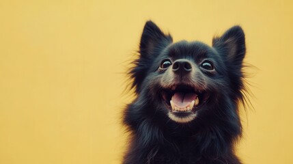 Happy Black Pomeranian Dog Portrait, Yellow Background, Smiling Pet