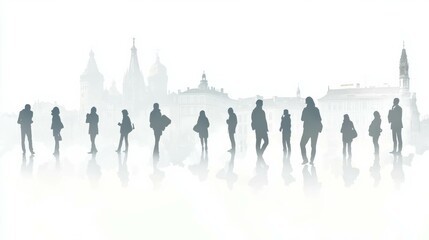 Naklejka premium Silhouettes of people in different positions on a light background. In the background you can see locations of buildings, nature, etc. The silhouettes of people are white or very light
