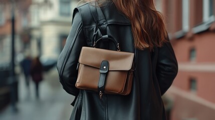 Woman wearing leather jacket with brown bag in the city